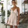 Lässige Kleider Pulabo Frauen sexy Rückenless Spitzenhalter Kleid Sommer Femme v Hals Mini Party Rüste Rücken Strand Sunddress weiblich