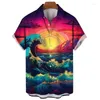 Mäns avslappnade skjortor harajuku mode solnedgång vågor grafik för män kläder färgglada blusar hawaiian strand streetwear y2k toppar