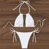 Bikini de maillots de bain féminin ensemble sexy blanc creux de Micro Women 2024 Mini Thong Swimsuits Pearl Decoration String Halter Bather