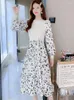 Casual Dresses White Knitted Patchwork Floral Sweater Dress For Ladies Autumn Winter Elegant Home 2024 Korean Fashion Bodycon Robe