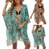 Beach Cover Up Stylish Leopard Pattern Bikini Cardigan Lace Mesh Poncho For Women Swimsuit Cover-up Fashionable Sunscreen