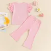 Zestawy odzieży Baby Girl Summer Stroje Letter Haftery krótkie rękawowe i elastyczne spodnie Flare Cute 2-częściowe ubrania