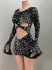 Casual Dresses Shinning Sequins Black Flare Sleeve Sheath Mini Dress Sexy Hollow Out Birthday Evening Party Nightclub Performance Costuse