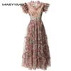 Robes de fête Maryyimei Fashion Designer Spring Summer Collins de sténose pour femmes Ruffles épisser Slim Imprimé Big Swing