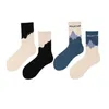 Women Socks Male And Female Couples AB Japanese Ins Style Trendy With Black White Contrast Snow Mountain Ink Painting Casual