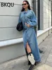 Bkqu outono azul jeans saias mulheres elegantes cintura alta fenda Escritório Lady Salia longa Street Fashion Street y2k A-line Saias de lápis 240423