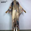 Kimono boho impressão Sexy Perspectiva Casaco Caso Longo Vestido Longo Praia Desgaste de Praia de Roupas de férias elegantes para mulheres