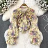 Women's Polos Fashion Floral Bow Lace Ruffled Horn Long Sleeve Chiffon Shirt 2024 Spring Women Casual Loose Top Ladies Office Lady Blouse