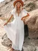 Sexy Deep V-colb Butterfly Sleeve Self-belted High Taist Button Front Open Summer Femmes Blancs de plage Robes maxi Q1208 240424