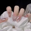 24pcs Ballerine Long Square Nail Tibs Faux Nails portables Fake Butterfly Camellia Flower Pearl Design Press sur 240430