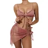 Frauenbadebekleidung Frauen Subsystem mit dreiteiliger Badeanzuganzug Feste Farbbikini Rüschen Schnürhöfen Transparent Mesh Bluse