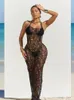 Casual Women Long Knitted Dresses Halter Backless Crocheted Dress Solid Pattern Beach Crochet Cover Ups