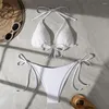 Dames badmode bikini set massief witte pluche driehoek halter micro string zwempak vrouw 2024 strand badpak sexy mini mujer