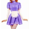 Feestjurken Turtleneck Shiny PVC lederen mini Franse meid jurk natte look puff korte mouw met schort sissy cosplay kostuum