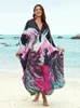 Print causal V Cou cou 2024 Spring été à manches longues Loose Kaftan Women Vêtements Plus taille Place Wear Robes Maxi Q1588 240422