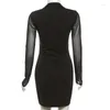 Casual Dresses Long Sleeve Mesh Sexy Halter Low Cut Black Party Club Mini Outfits For Women Bodycon Spring Summer Y2K Dress Vestido