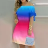 Casual Dresses Women's Fashion One Line Neck Gradient Color Short Sleeve Dress Elegant Female Summer Bow Print Party Maxi Vestidos