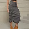 Skirts Women Workwear Style Multiple Pockets Denim Skirt Side Drawstring Adjustable Hem Elastic Waist Half-body Dress Casual Streetwear
