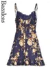 Lässige Kleider 2024 Bazaleas Vintage Navy Blumendruck Frauen Kleid sexy Chiffon Lady Französisch Anpassung Spaghetti -Träger One Piece