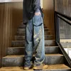 Spring Mens American w trudnej sytuacji Patchwork Lose proste jeansy Retro High Street Street Streggar Style Pants 240419
