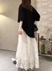 Kjolar midi länge för kvinnor vår sommar koreansk mode elastisk hög midja a-line broderad blommig spets kjol vit svart