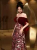 Runway Dresses Wine Red Off The Shoulder Celebrity Floral Print A-Line Boat Neck Sequins Bandage Long Wedding Prom Evening Party Gowns