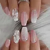 24 -stks druk op nagels draagbare nep roze gradiënt glitter vlinders valse nagel volledige deksel acryl tips 240430