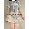 Arbeitskleider Sommer lolita kawaii zweiteils set japanischer Frauen süßer Kuchenrock weibliche koreanische süße Puffärmel Blusen Blauer Mini -Anzug