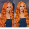 Oranje gemberkleur 13x6 voorste voorgeplukte Braziliaanse golvend menselijk haar gluueless 180 dichtheid remy kanten frontale pruiken6756506