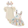 Roupas de roupas de roupas de verão de manga curta Romper com estampa floral de manga curta Vestido de saia geral 3pcs nascidos