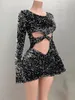 Casual Dresses Shinning Sequins Black Flare Sleeve Sheath Mini Dress Sexy Hollow Out Birthday Evening Party Nightclub Performance Costuse