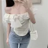 Blouses de femmes Femmes Vintage Slash Cer Shirts blancs Femme Elegant Flying Sleeve Slim Crops Summer Ruffled Off Blouse sexy Blouse