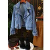 Frauenwesten Volalo Frühling Herbst Women Casual Moto Biker Denim Jacke Lady Vintage Loose Revers Reißverschluss Solid Farbe kurzer Cowboymantel