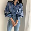 Chemises de chemisiers pour femmes chemises de couleur dégradée femme 2022 mode couleur vive femme élégant collier flip bouton blusa manche bouffante décontractée topl2405