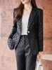 Women's Two Piece Pants Tesco Elegant Set For Women Plaid Suit Long Sleeve Blazer Flare Office Outfits Female Conjunto Feminino