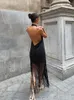 Casual Dresses Sexy Linen Halter Tassels Maxi Women Black Sleeveless Backless Patchwork Long Dress 2024 Summer Lady Chic Party Vestidos