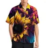 メンズカジュアルシャツ3Dプリントヒマワリ植物ブラウス紫色の花のグラフィックビーチ男性服のための休暇Y2K半袖ボーイボタントップ