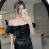 Blouses de femmes Femmes Vintage Slash Cer Shirts blancs Femme Elegant Flying Sleeve Slim Crops Summer Ruffled Off Blouse sexy Blouse