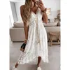 Lässige Kleider Sommer weißes Kleid für Frauen 2024 Spitze Böhmen Kurzarm hoher Taille V-Ausschnitt Lange Rüschen Maxi