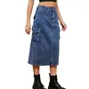 Skirts Women Workwear Style Multiple Pockets Denim Skirt Side Drawstring Adjustable Hem Elastic Waist Half-body Dress Casual Streetwear