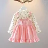 Girl Dresses Girl Girl Stamping Splicing Abito di velluto a coste Spring baby a maniche lunghe arruffato dolce principessa