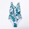 Women's Swimwear Leaves Print Bikini Deep-V Sexy Bandage Backless Swimsuit Trend Women 1-Piece Brazilian Beach Bathing Suit Bikinis Sets