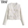 Traf Women Fashion Spring Flip Pocket Jacket Pocket Jaqueta de peito único Tweed Tweed Coats curtos CHIC Ladies Tops Mujer 240422