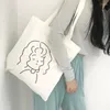 Shoppingväskor koreanska stick figur tryck canvas tygväska lös hår flicka axel för kvinnor bomullsdukshoppare vit eko