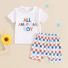 Set di abbigliamento Little Boy 4 luglio Stampa Stampa per lettere rotonde a maniche corte a maniche corte a scacchiera in giro elastico set di bambini piccoli