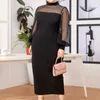 Basic Casual Dresses New plus size lantern long sleeved mesh patchwork dress for womens elegant high waist patchwork buttocks packaging black dressL2405