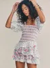 Boho Inspired mixed floral prints ruffled party dress puff sleeve square neck smocked sexy laides dress mini chic summer dress 240416