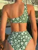 Frauen Badebekleidung Blumendruck 2 Stück Badeanzug Frauen hohe Taille Grüne Bikini Single Schulter Hohlauslöser Ring Badeanzug Rückenfrei