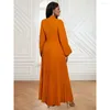 Casual Dresses Fashion Women Elegant Long Sleeves Pleat Hollow Out Maxi Dress Party Gowns