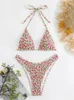 Kvinnors badkläder Sexig slipsfärgad lutning Bikini Set Women Pleate Red Floral Print Kontrast Push Up Micro Swimsuit Brazilian Bathing Suit